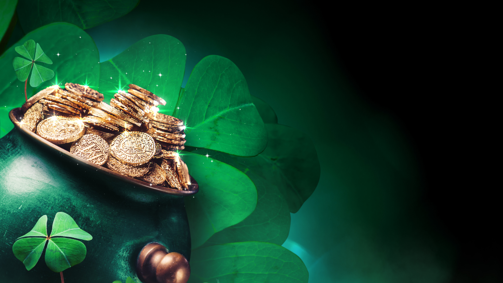 Clovers and pot of gold coins