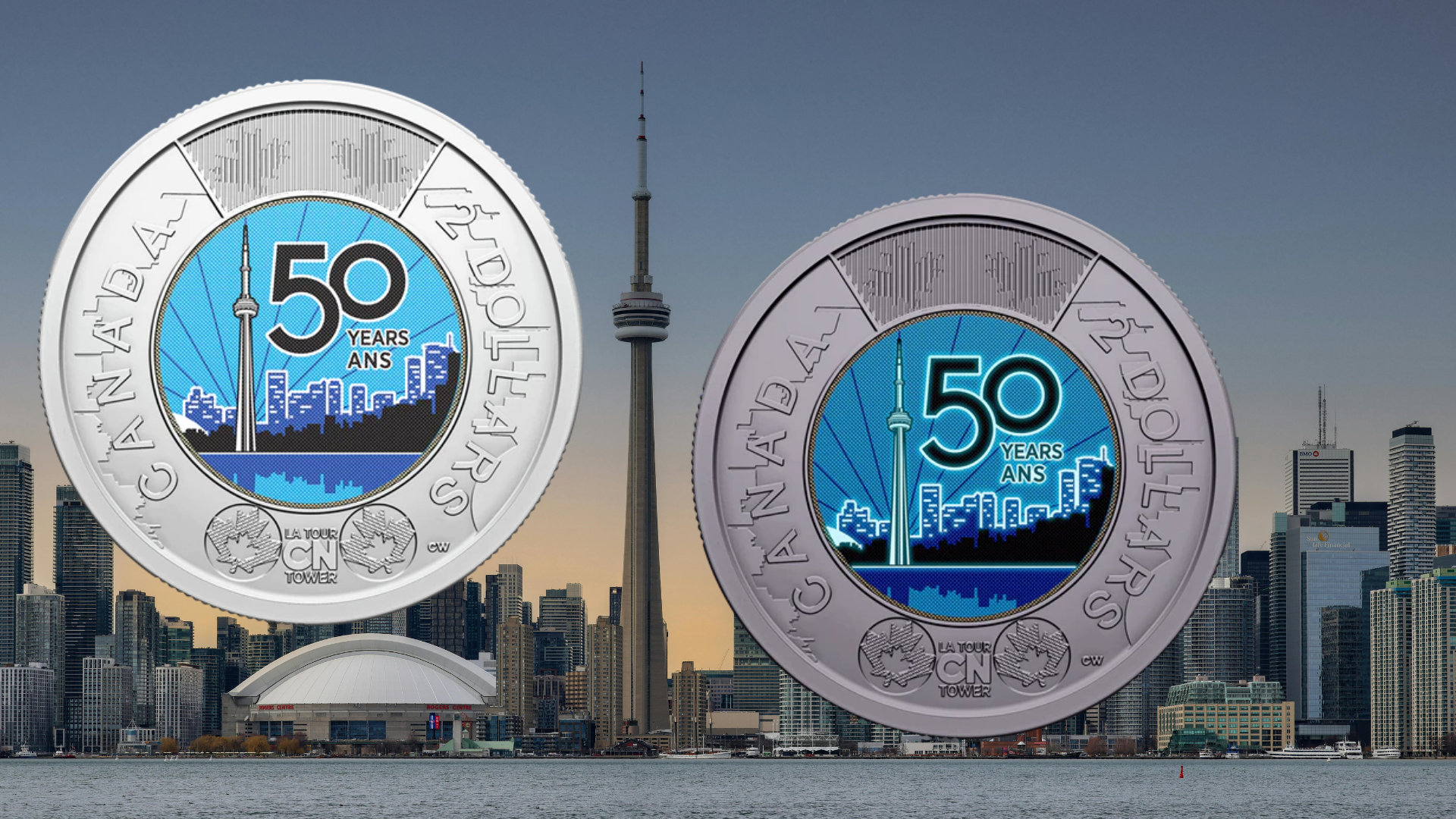 Canadian CN tower commemorative toonies, glow in the dark coin
