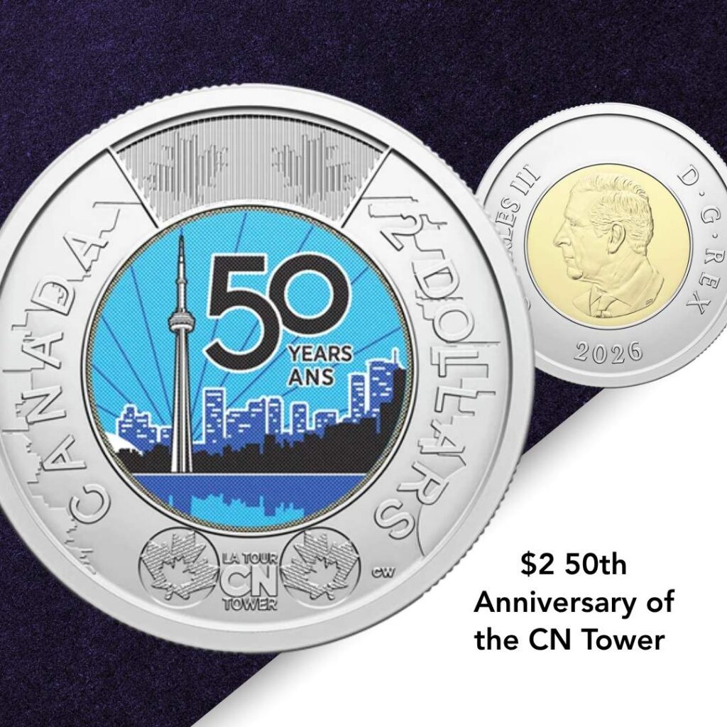 $2 50th Anniversary of the CN Tower toonie, obverse and reverse